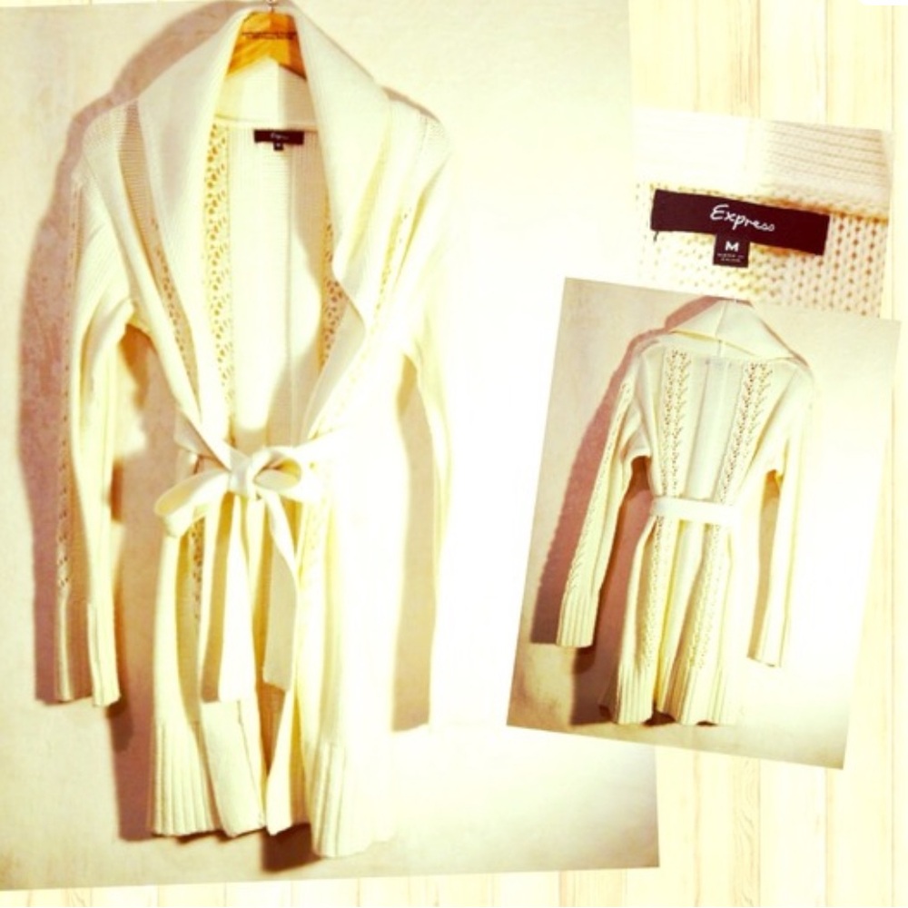 Express Long Ivory Belted Cardigan